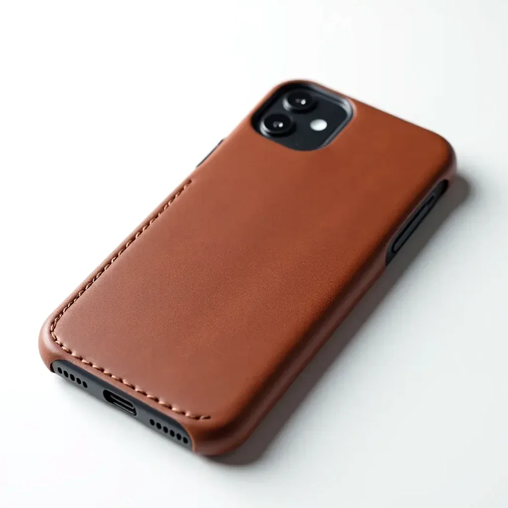Cognac brown leather iPhone case displayed flat on white background, showing rich patina and craftsmanship details with studio lighting