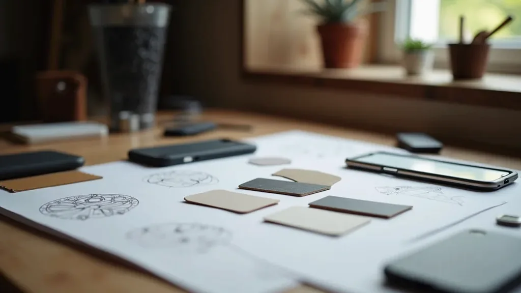 Design process workspace with phone case materials and prototypes