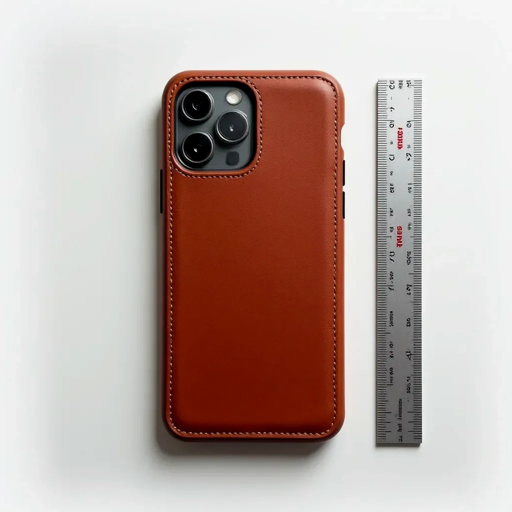 Flat lay photography showing leather iPhone case dimensions with measurement guide, ruler, and phone for scale reference
