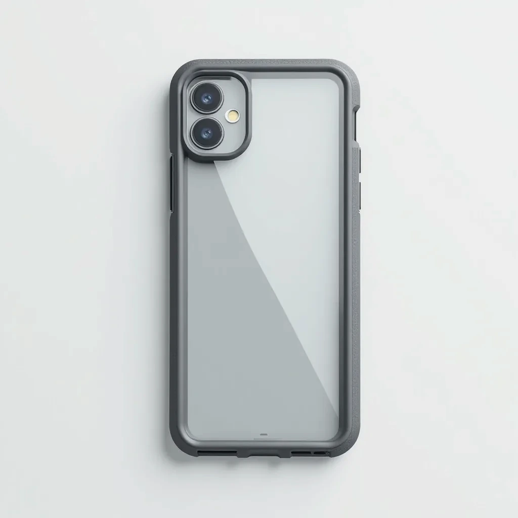 Hybrid clear case with smoke-tinted frame displayed empty on white background, showing transparent back and textured frame detail with studio lighting