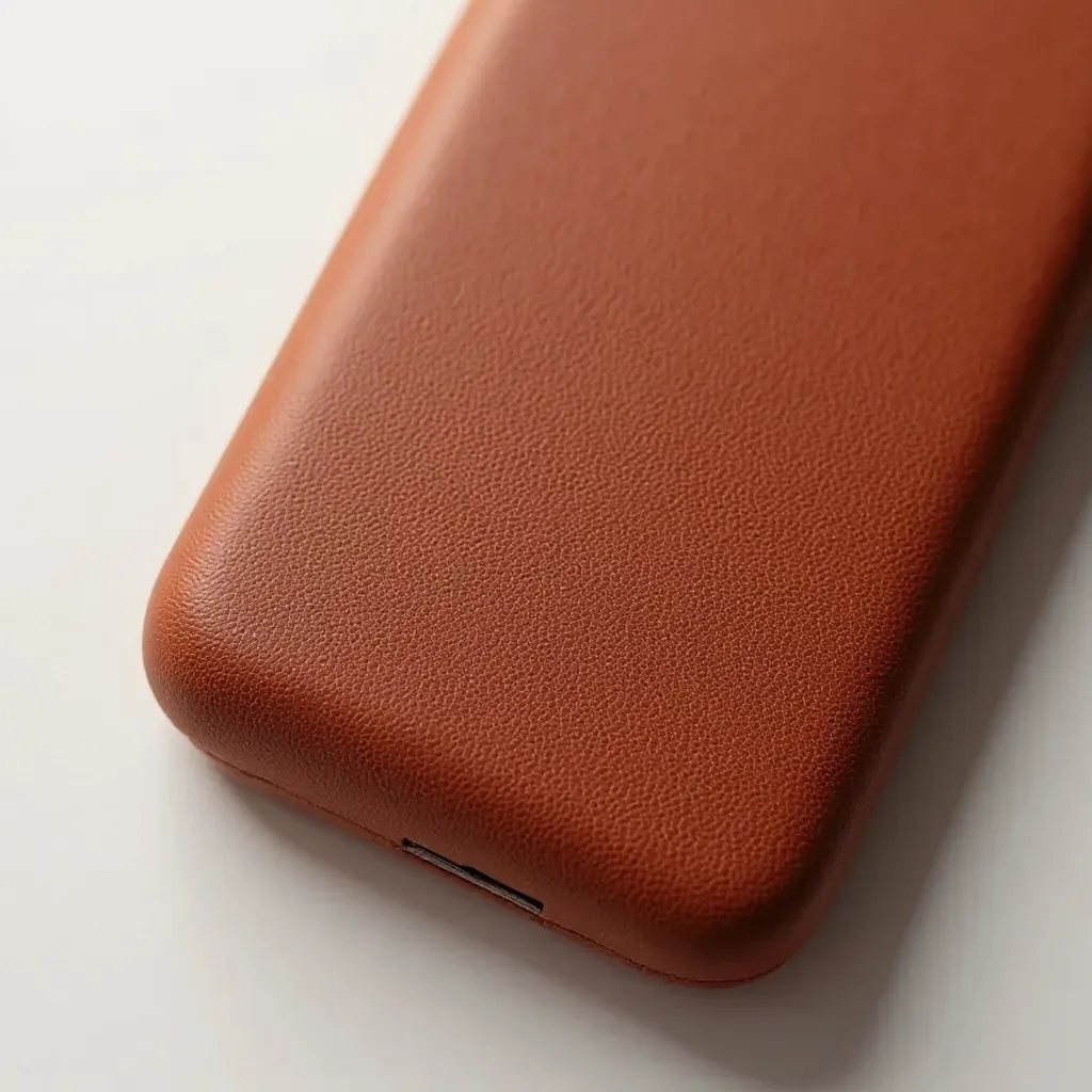 Close-up detail of cognac leather texture showing natural grain patterns and rich color variations, shot in natural window light