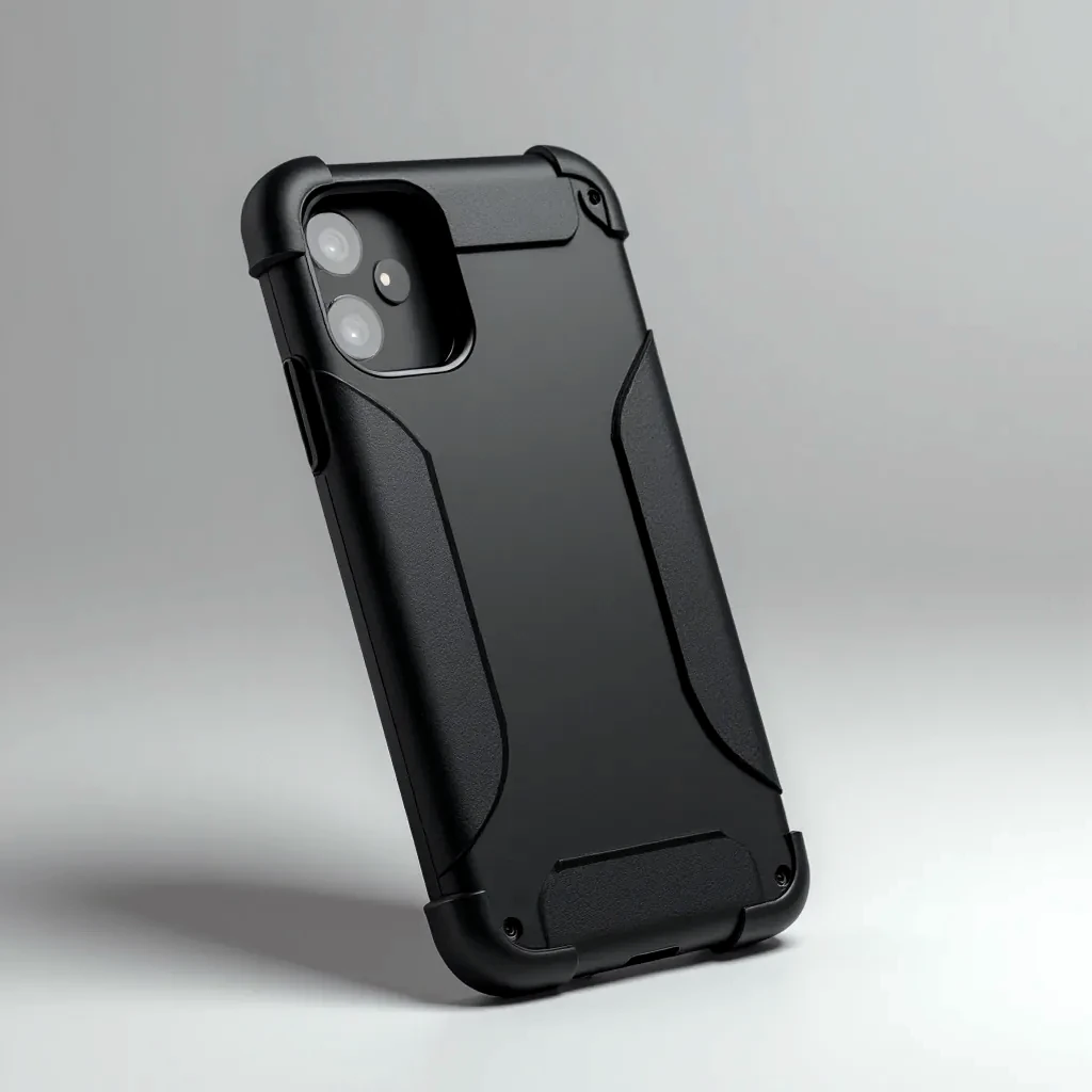 Matte black rugged phone case displayed at angle on light grey background, highlighting textured grip pattern and reinforced corner details