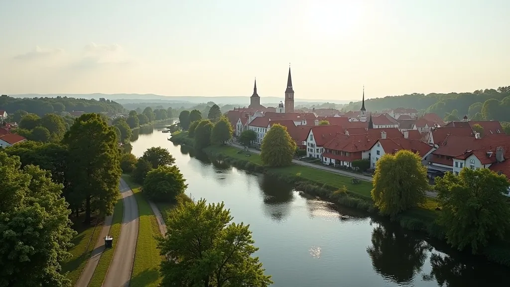 Seredžaus miesto panoraminė apžvalga su bažnyčia ir upės vaizdais