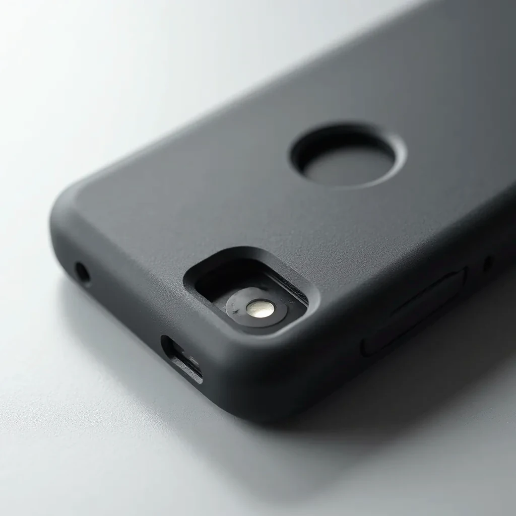 Close-up detail of black rugged phone case showing textured grip surface and reinforced TPU corner protection, professional product photography