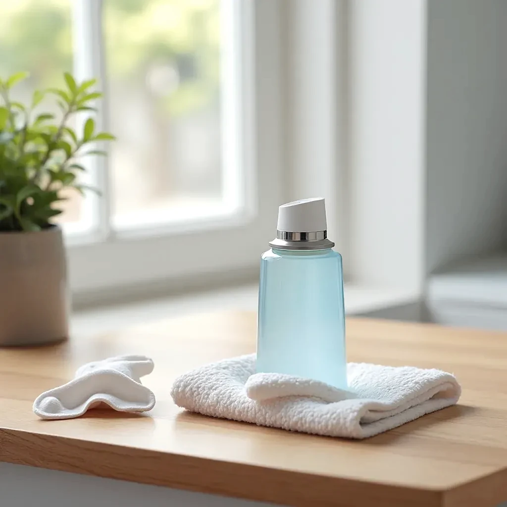 Microfiber cleaning cloth and compressed air canister on wooden surface with hybrid clear case nearby, showing proper maintenance items in soft natural lighting
