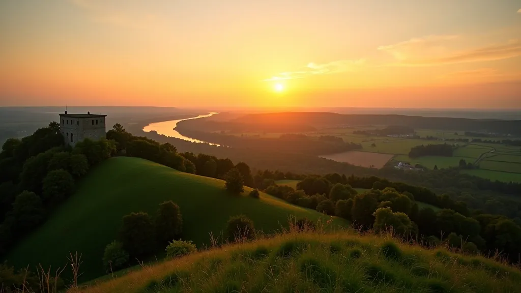 Piliakalnių apžvalga saulėlydžio metu, žaliame Nemuno slėnyje