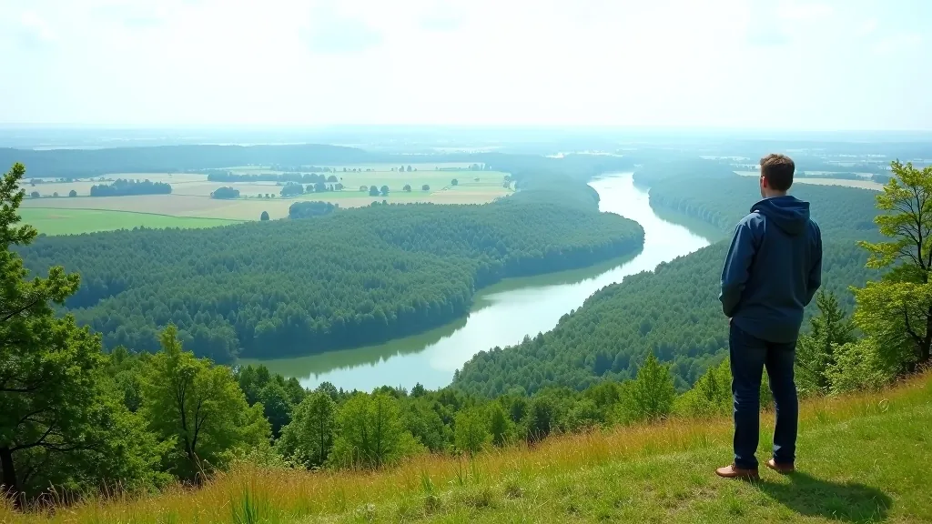 Piliakalnio viršūnės panorama su Nemuno upės vingiais, tolimais laukais ir miškais horizonte