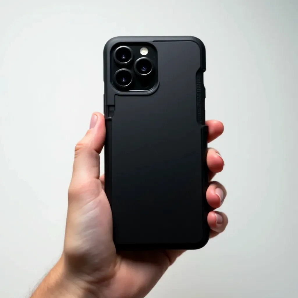Hand holding black rugged phone case, showing textured grip surface and comfort fit, close-up detail shot